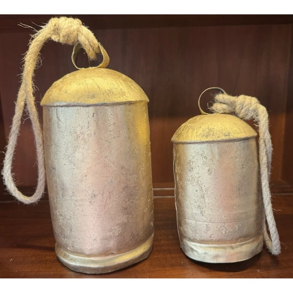 Rustic Metal BellSet of 2‎ Rope Hanging Farmhouse Cottage Decor